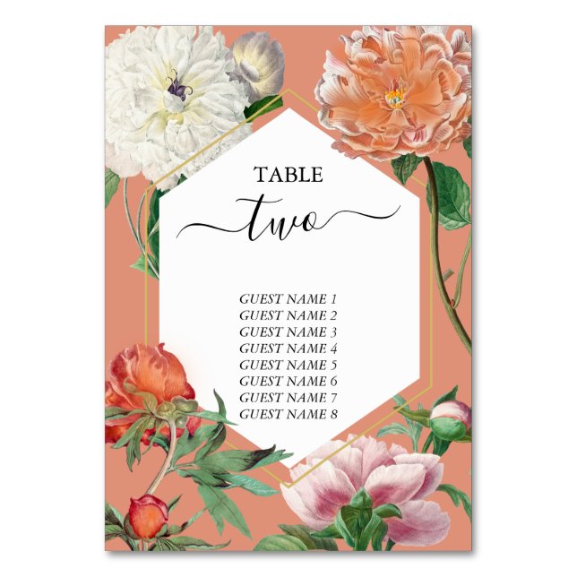 Watercolor Peach Pink Peonies Flowers Wedding Table Number (Front)