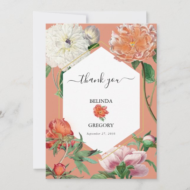 Watercolor Peach Pink Peonies Flowers Wedding Thank You Card (Front)