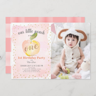 Watercolor Peach Pink Photo Girl 1st Birthday Invitation
