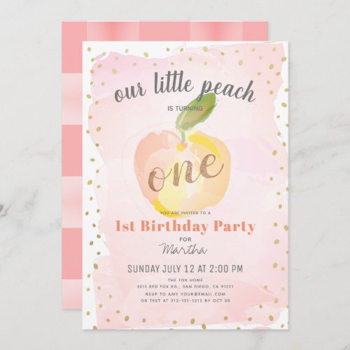 Watercolor Peach Pink x Gold Girl 1st Birthday Invitation