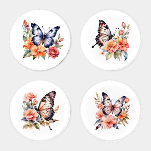 Watercolor Peach Red Pink Flowers Butterflies Coaster Set