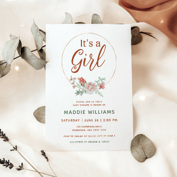 Watercolor Peach Rose Baby Shower It's A Girl Invitation by lilanab2 at Zazzle