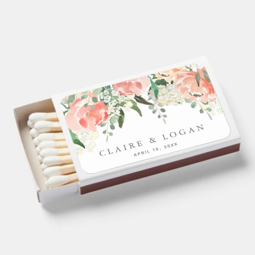 Watercolor Peach Rose Floral Wedding Matchboxes