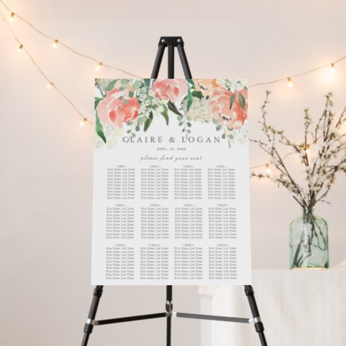 Watercolor Peach Rose Floral Wedding Seating Chart Foam Board