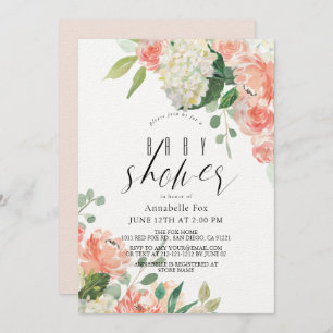 Watercolor Peach Rose & Hydrangea Baby Shower Invitation