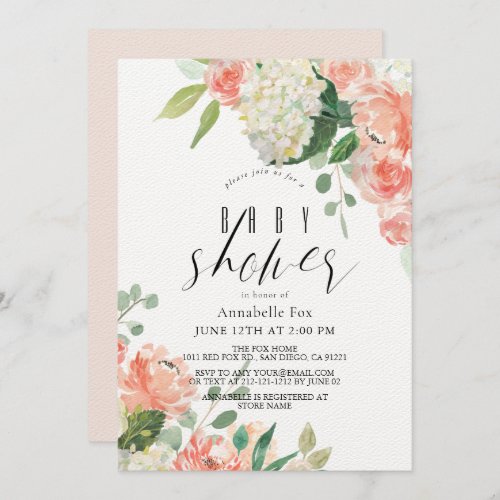 Watercolor Peach Rose  Hydrangea Baby Shower Invitation