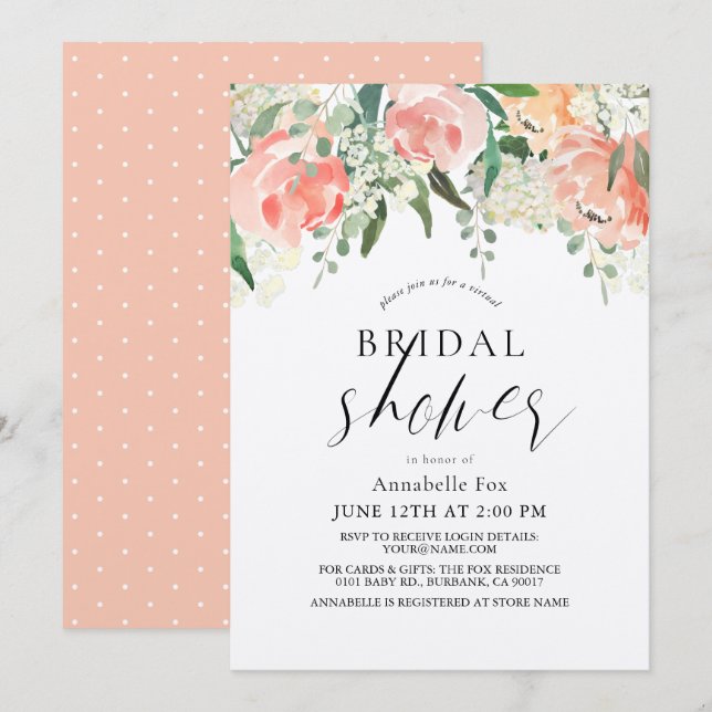 Watercolor Peach Rose Virtual Floral Bridal Shower Invitation (Front/Back)
