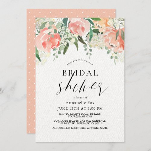 Watercolor Peach Rose Virtual Floral Bridal Shower Invitation