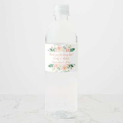 Watercolor Peach Roses and Greenery Wine Bottle Water Bottle Label