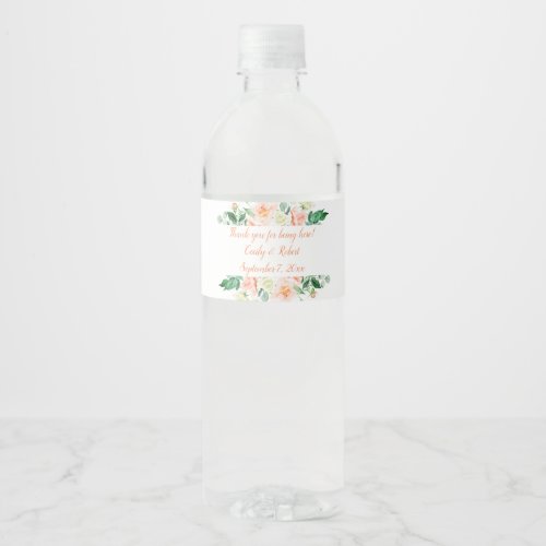 Watercolor Peach Roses and Greenery Wine Bottle Water Bottle Label