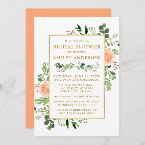 Watercolor Peach Roses Bridal Shower Greenery Gold Invitation