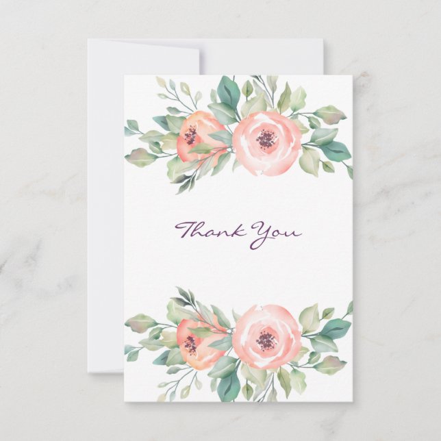 Watercolor Peach Roses Floral Thank You Card (Front)
