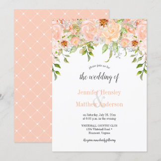 Watercolor Peach Roses Floral Wedding Invitation