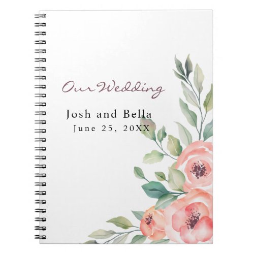 Watercolor Peach Roses Floral Wedding Notebook