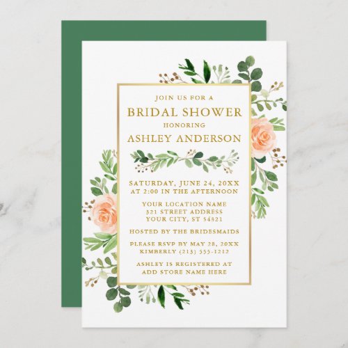 Watercolor Peach Roses Greenery Bridal Shower Gold Invitation