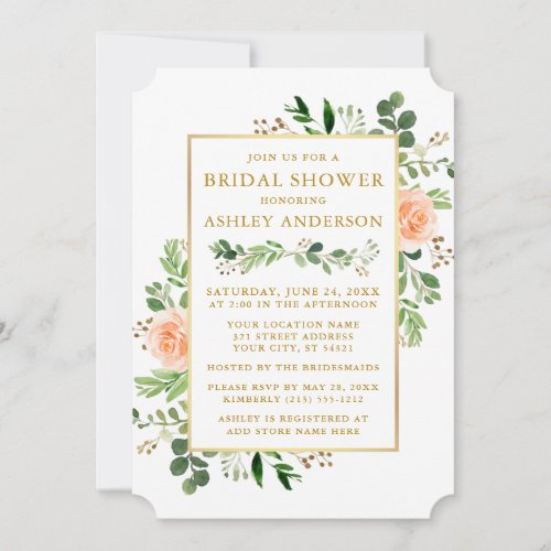 Watercolor Peach Roses Greenery Gold Bridal Shower Invitation