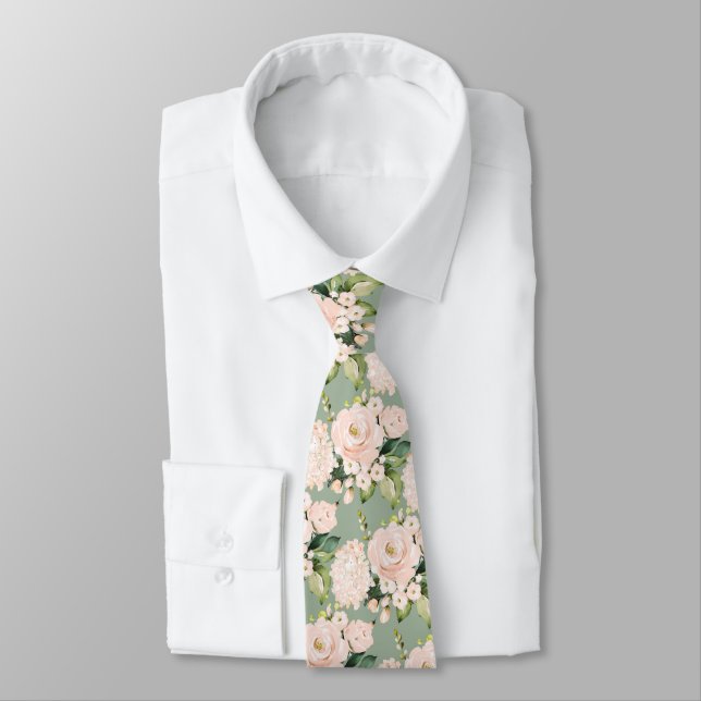 Watercolor Peach Roses Peonies Hydrangeas Neck Tie (Tied)