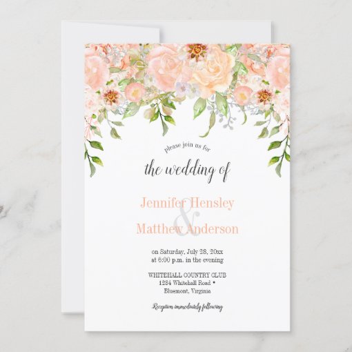 Watercolor Peach Roses Wedding Invitation | Zazzle