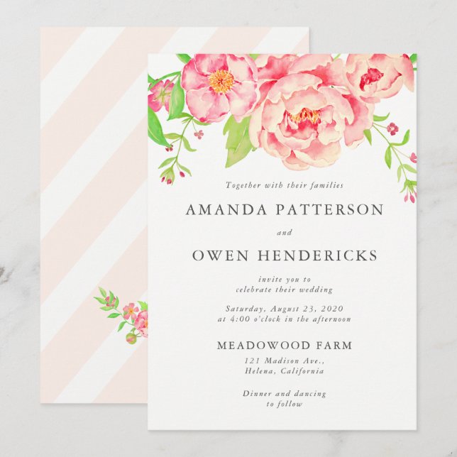 Watercolor Peach Roses Wedding Invitation (Front/Back)