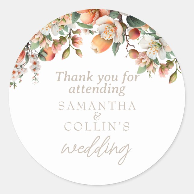 Watercolor Peach Sage Green Floral Wedding Classic Round Sticker (Front)