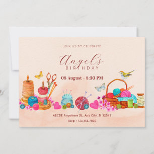Watercolor peach sewing tools art birthday invitation
