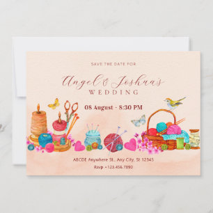 Watercolor peach sewing tools art wedding save the date
