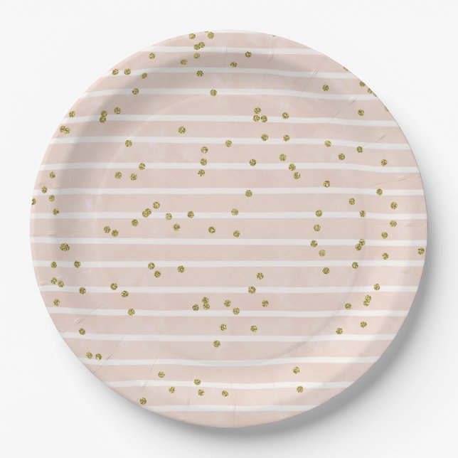 Watercolor Peach Stripe Gold Polka Dot Confetti Paper Plates (Front)