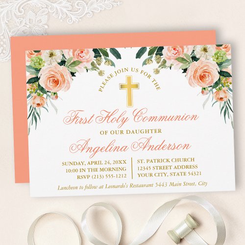 Watercolor Peach White Floral First Communion Gold Invitation