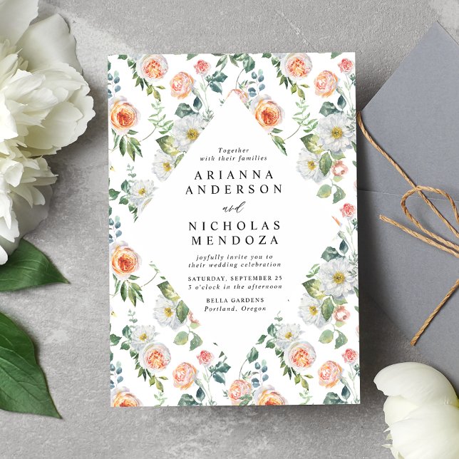 Watercolor Peach & White Floral Frame Wedding Invitation (Creator Uploaded)