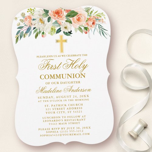 Watercolor Peach White Floral Gold First Communion Invitation