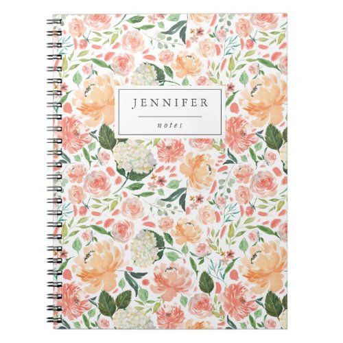 Watercolor Peach  White Floral Pattern Notebook