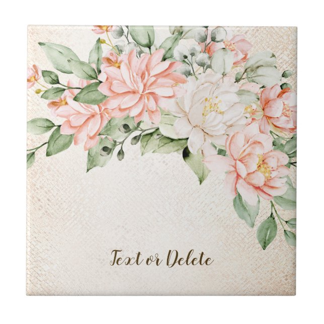 Watercolor Peach White Flowers Elegant Ceramic Tile (Front)