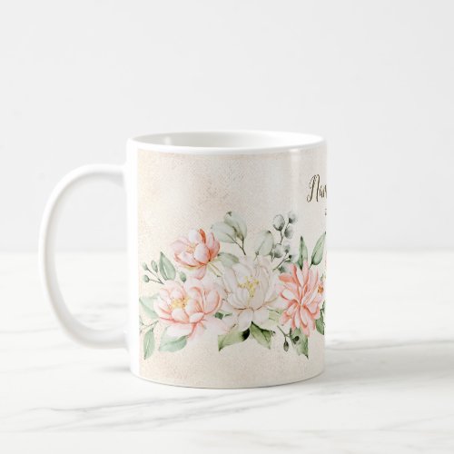 Watercolor Peach White Flowers Elegant Coffee Mug