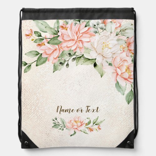 Watercolor Peach White Flowers Elegant Drawstring Bag