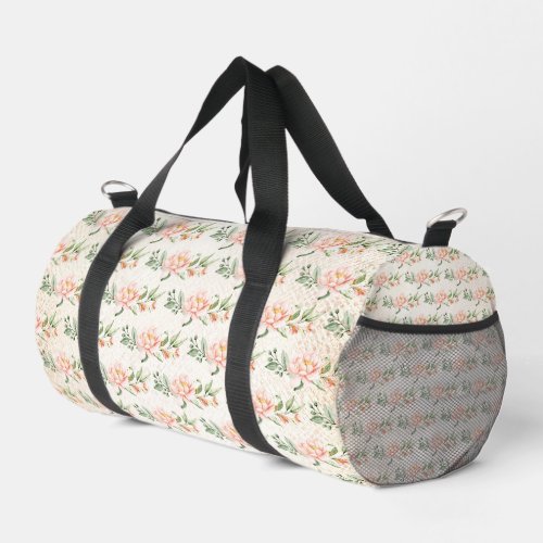 Watercolor Peach White Flowers Elegant Duffle Bag