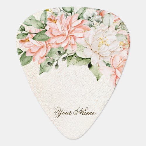 Watercolor Peach White Flowers Elegant Guitar Pick