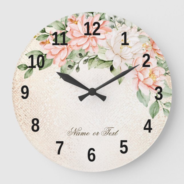 Watercolor Peach White Flowers Elegant Large Clock (Front)