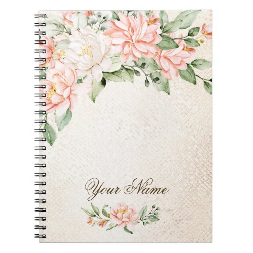 Watercolor Peach White Flowers Elegant Notebook