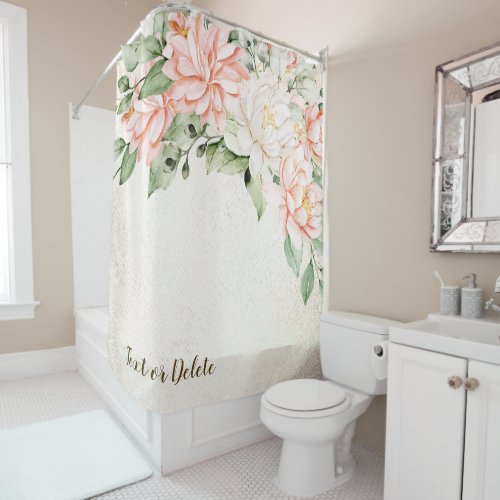 Watercolor Peach White Flowers Elegant Shower Curtain