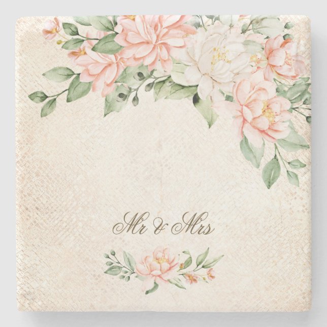 Watercolor Peach White Flowers Elegant Stone Coaster (Front)