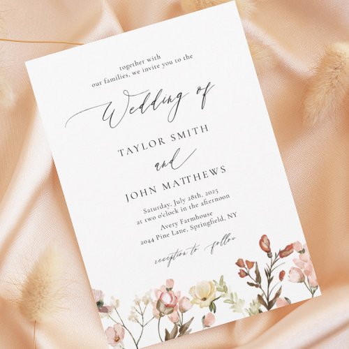 Watercolor Peach Wildflower  Calligraphy Wedding Invitation