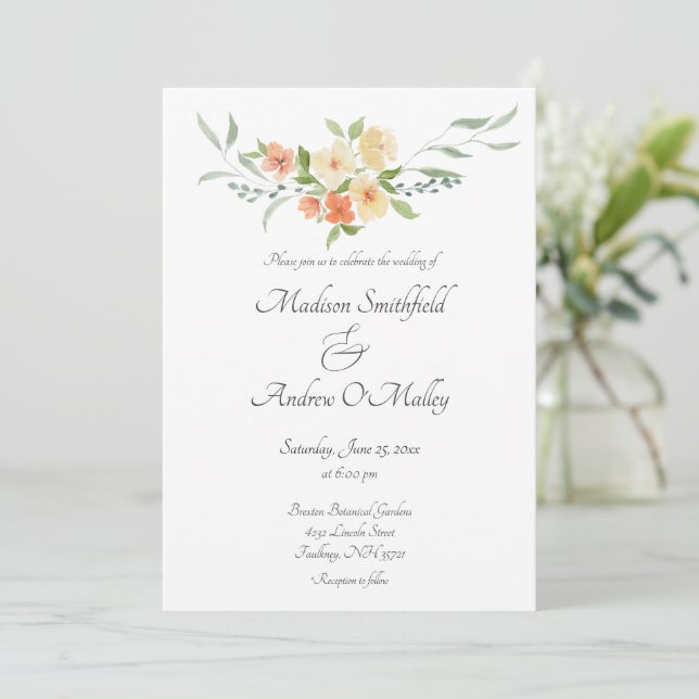 Watercolor Peach, Yellow, and Green Floral  Invitation (Standing Front)