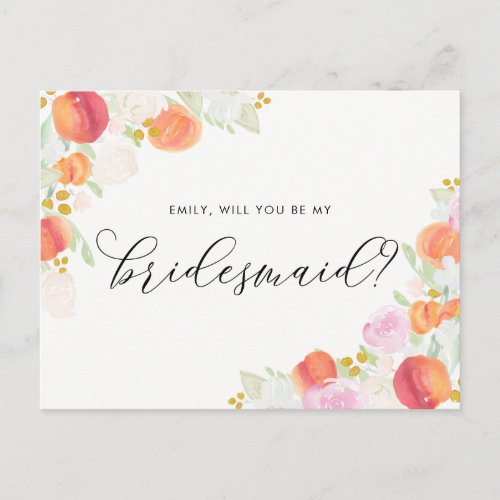 Watercolor Peaches and Flowers Be My Bridesmaid Invitation Postcard