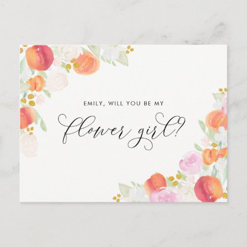 Watercolor Peaches and Flowers Be My Flower Girl Invitation Postcard