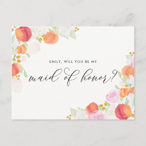 Watercolor Peaches and Flowers Be My Maid of Honor Invitation Postcard