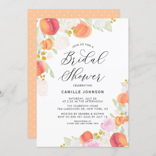 Watercolor Peaches and Flowers Bridal Shower Invitation