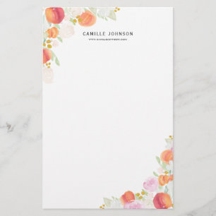 Watercolor Peaches and Flowers Personalized Stationery