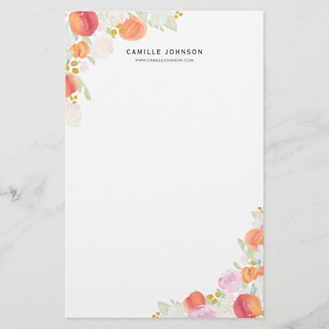Watercolor Peaches and Flowers Personalized Stationery (Front)