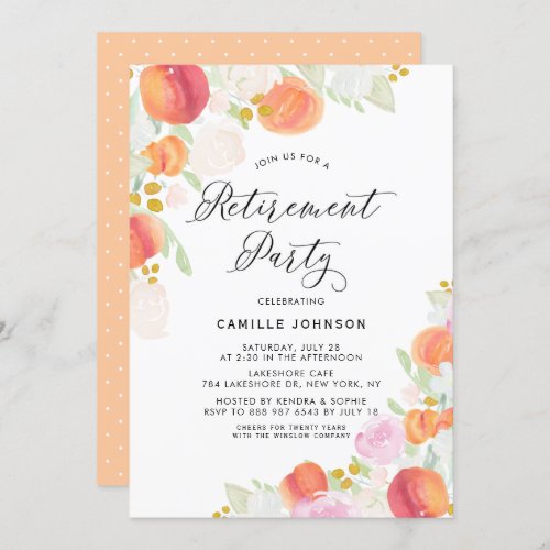 Watercolor Peaches and Flowers Retirement Party Invitation