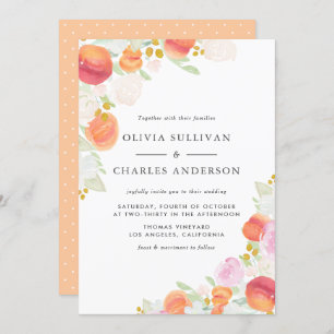 Watercolor Peaches and Flowers Spring Wedding Invitation